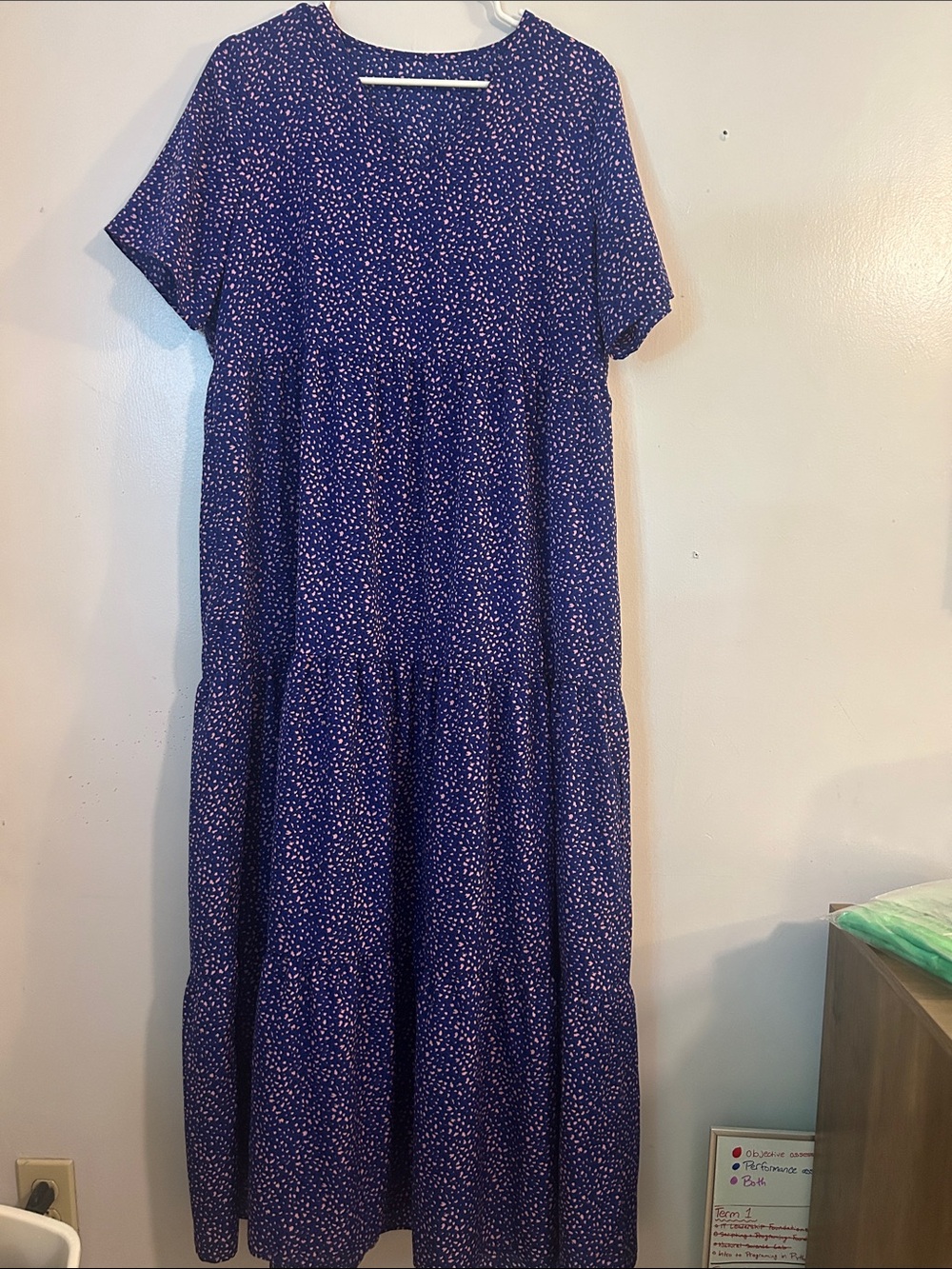 Dark indigo Short-Sleeve Tiered Midi Dress with Pink Dot Print